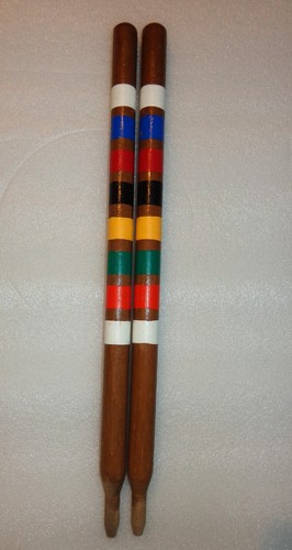2 VINTAGE FORSTER BRAND STRIPED WOOD CROQUET GAME WOODEN STAKES 17" TALL POSTS