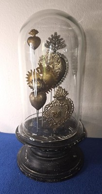 Vintage Tin Sacred Hearts Cloche Religious Folk Art Milagro, Under Dome