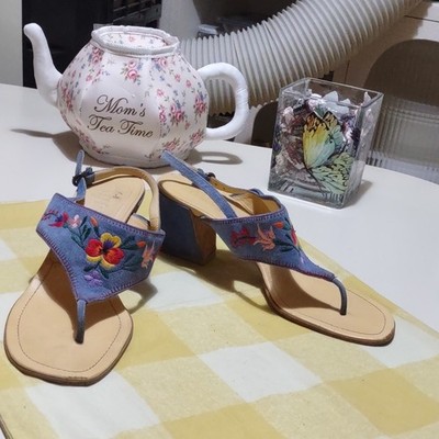 Miu Miu Blue Suede Embroidered Floral Strappy Ankle Strap Block Heel EU 38.5