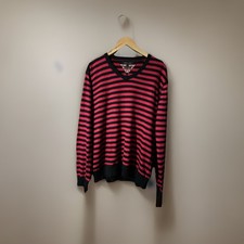 Tommy Hilfiger V Neck Sweater Red Black Striped Cotton Wool XL Jumper Excellent