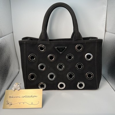 Prada Canvas Eyelet Design Black Shoulder Bag Authentic Women Handbag #Z-7