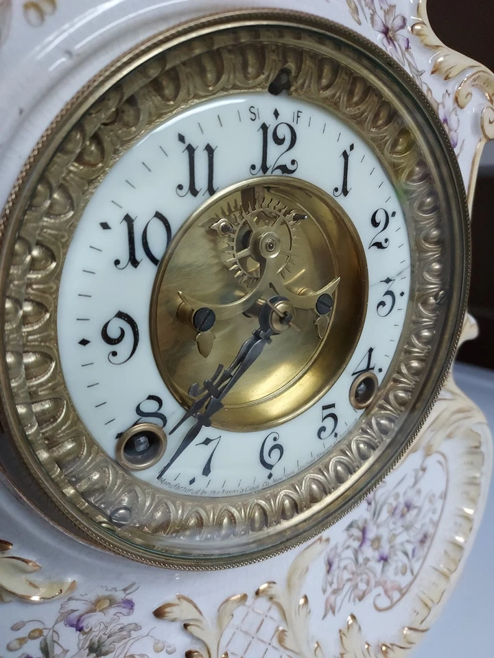 Reloj de porcelana Ansonia de la década de 1880 8 días escape abierto ¡Precioso restaurado! Foto 3 de 4