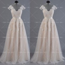 Champagne Wedding Dresses V Neck Lace Applique Cap Sleeve Classic Bridal Gowns