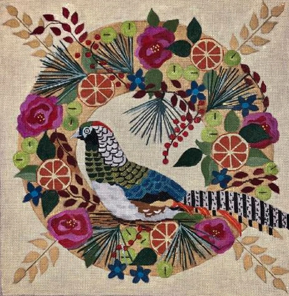 Needlepoint Handpainted Melissa Prince Lady Amherst Pheasant Wreath 14" - Image 3 of 4