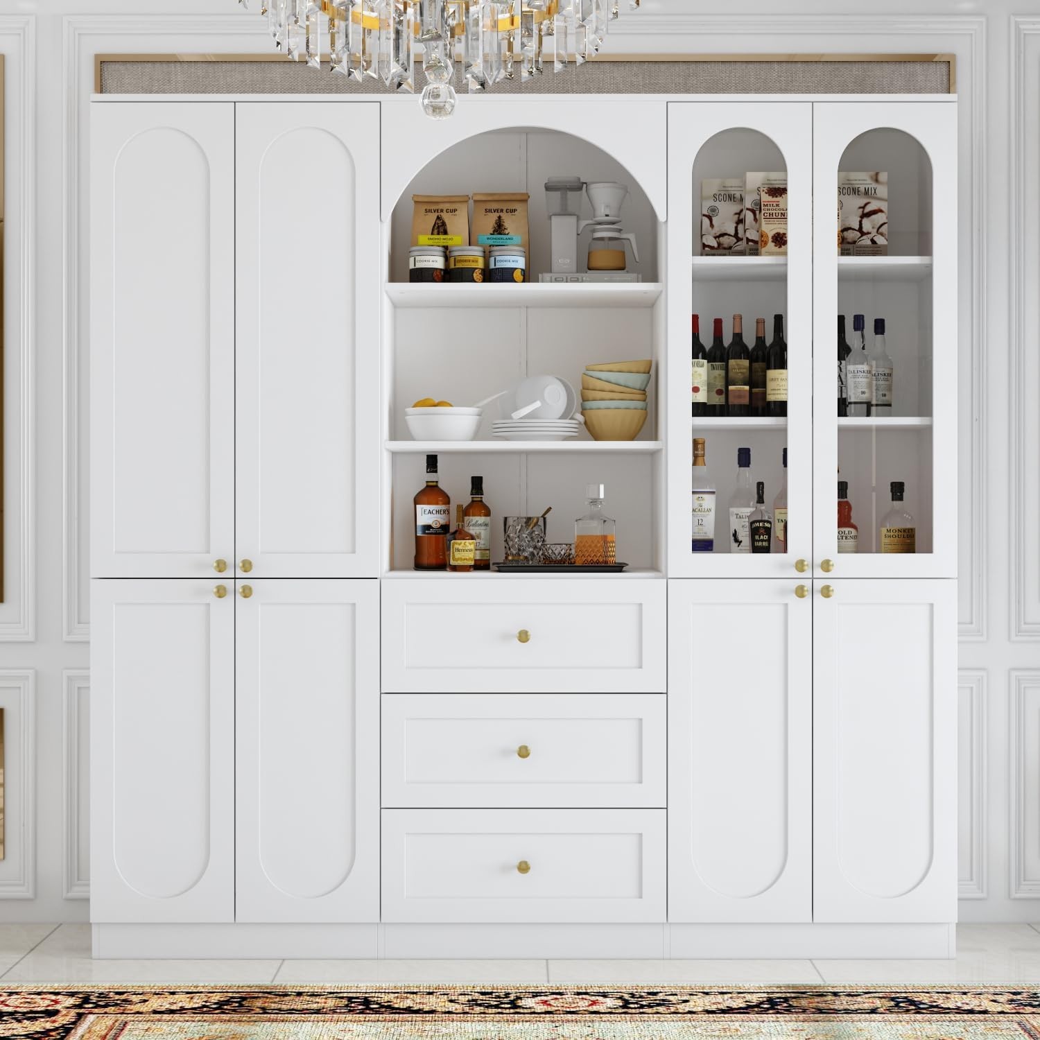 Modern Tall Wooden Pantry Cabinet with Glass Doors & Arch Design