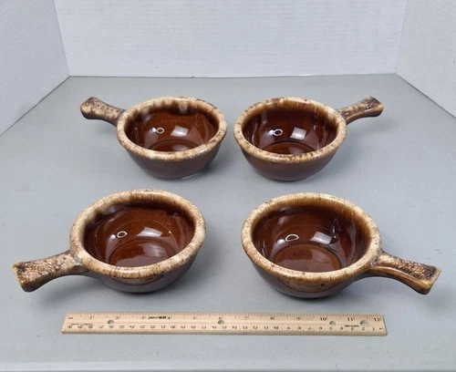 Hull USA Oven Proof Brown Drip Soup Chili Bowls with Handles Set of 4