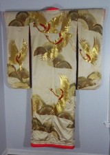 Japanese Bridal Kimono Silk Gold Thread Cranes, Needs Repair