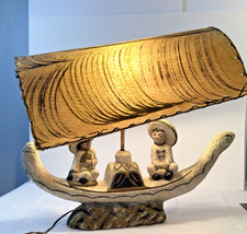 VTG MCM Oriental Chalk Ceramic Chinese People in Boat TV LAMP w/Fiberglass Shade