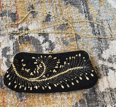 Jessica McClintock Black Gold Beaded Clutch Kiss Lock Chain Shoulder Bag