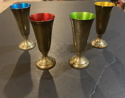 Vtg Reed & Barton Sterling Silver Cordials Shot Glass Enamel Color Interiors 4pc