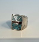 Old Pawn Sterling Silver SIZE 9 Vintage Turquoise Coral Inlay Tribal Ring  — photo 8