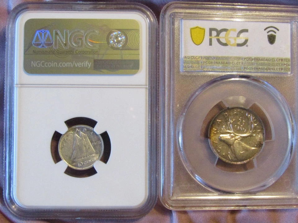1947 CANADA SILVER 25 CENTS  ML & 10 CENTS  ML..NGC  AU-55  &  PCGS  MS-63 - Image 2 of 4