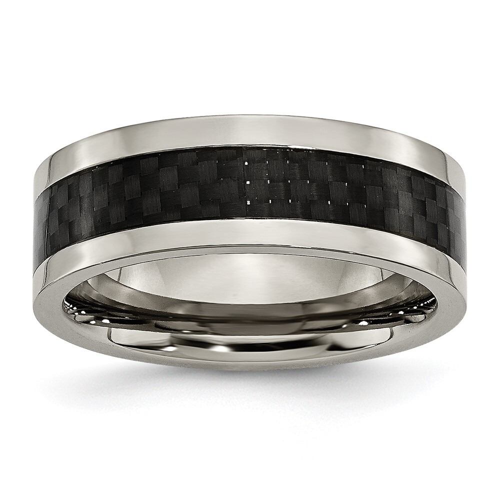 Titanium Polished with Black Carbon Fiber Inlay 8mm Band Ring Size 10