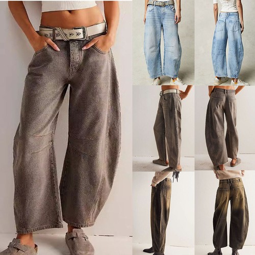 Women Wide Leg Mid Waist Jeans Cropped Mid Rise Barrel Denim Pants Loose Jeans # - Picture 2 of 28