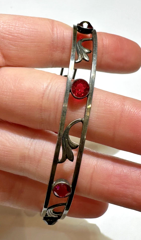 Brazalete Brazalete Grueso Rojo Color Granate Estrás Vidrio Hoja Cristal Plata