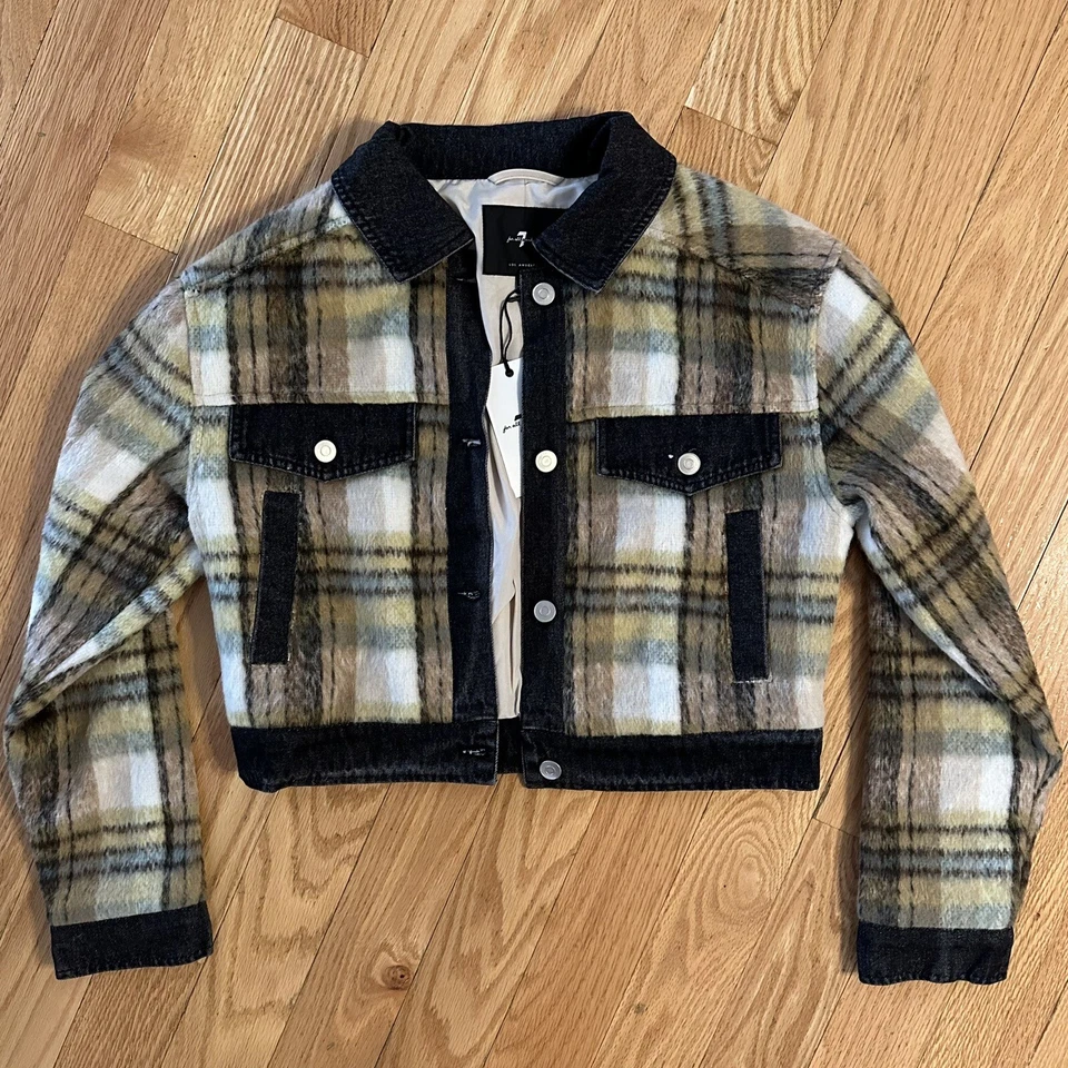 Jaqueta cropped feminina 7 For All Mankind, denim rara xadrez de pele sintética bronzeada XS NOVA!