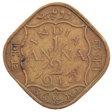 1943 INDIA KING GEORGE VI 1/2 HALF ANNAS COIN
