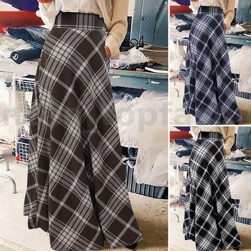 Women Vintage Plaid Check Long Maxi Skirt High Waist Ladies Party Night Dress US - Picture 2 of 19