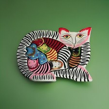 Handcrafted Wood Cat Her 6 Multi breed Kittens Puzzle Made Of Albesia Wood