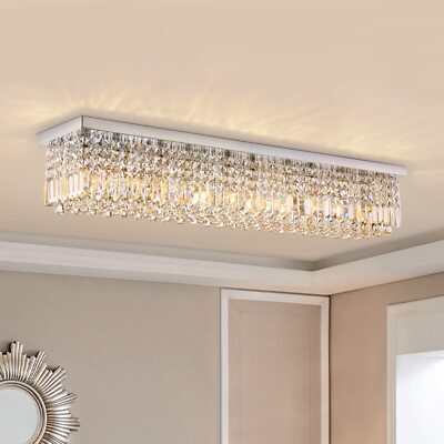 47'' Modern Rectangular K9 Crystal Chandelier Flush Mount Ceiling Light Fixture 