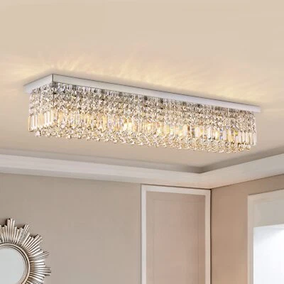 SILJOY 47" Modern Rectangular K9 Crystal Chandelier Flush Mount Ceiling Light Fixture