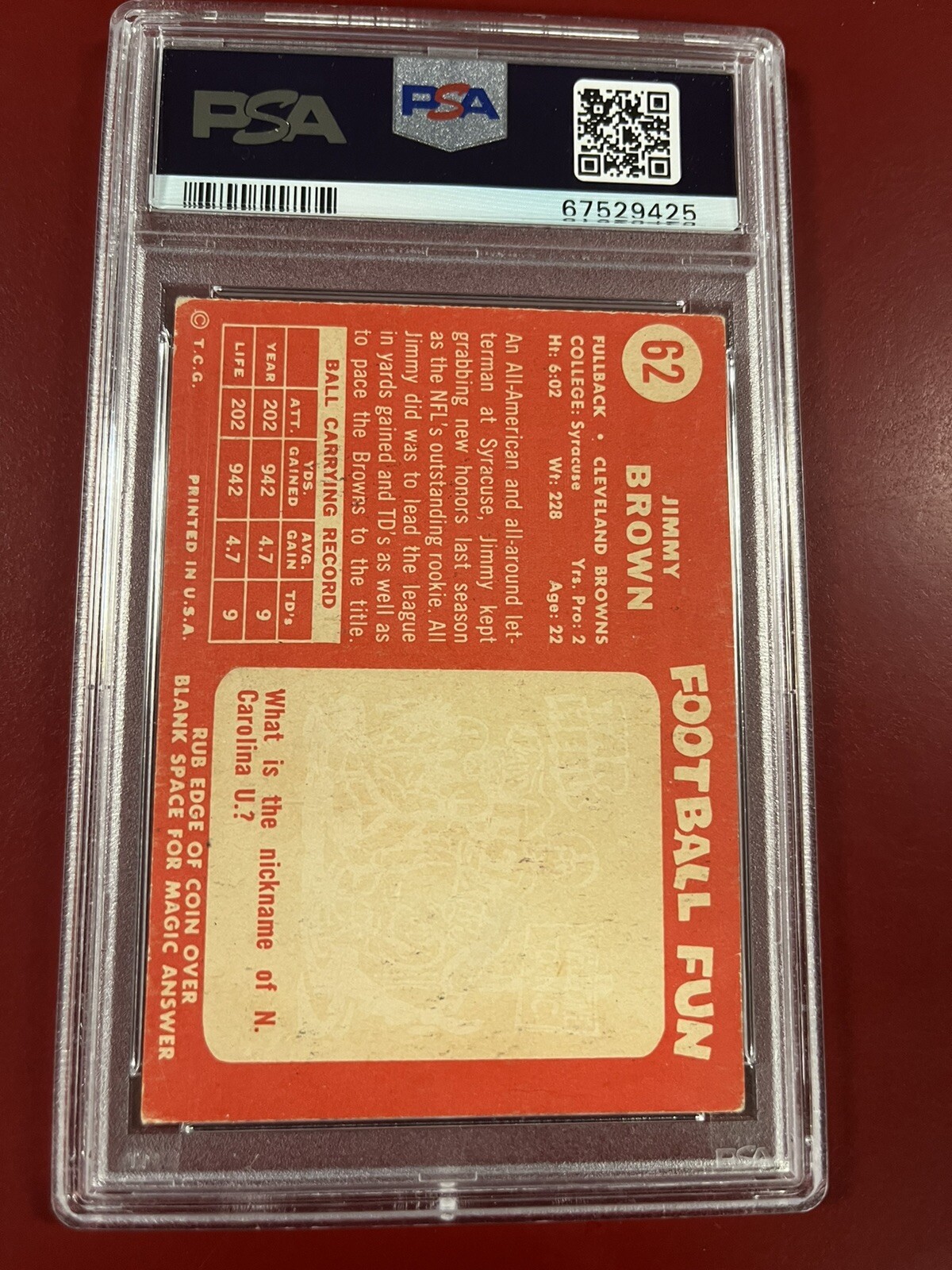 1958 TOPPS JIMMY JIM BROWN ROOKIE CARD RC #62 PSA 4 view 2