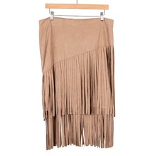 Fringe Vegan Suede Midi Skirt 12 Womens Tan Western Hippie Boho Asymmetrical