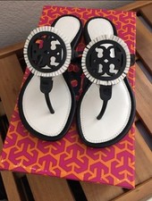 Tory Burch Miller Fringe Leather Sandal Black Bleach Size 5