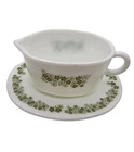 Vintage Pyrex Green Spring Blossom Crazy Daisy Gravy Boat With Oval Plate