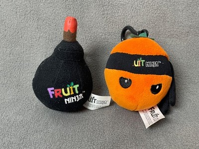 2 VTG Fruit Ninja Plush Mini Clip Ons Orange & Bomb - Video Game App 2011