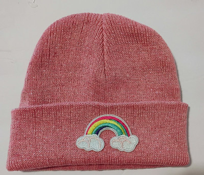 Girl's Pink Knit Beanie Hat With Embroidered Rainbow Design Patch New
