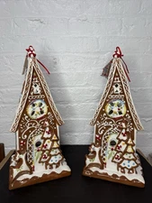 Set 2 NEW Blue Sky Clayworks CHRISTMAS GINGERBREAD Candle Tea Light House TALL