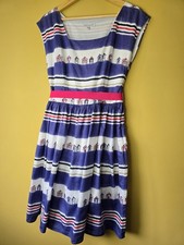 Laura Ashley Beach Hut Print Dress 12 Blue White Stripe Cotton Summer Nautical