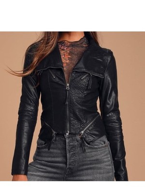 Lulus Black Up On A Tuesday Women s Faux Vegan Leather Moto Jacket medium