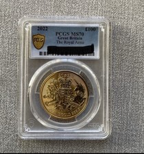 One Ounce Graded 999.99 Finesse Britannia Gold Coin 2022 Royal Arms PCGS MS 70
