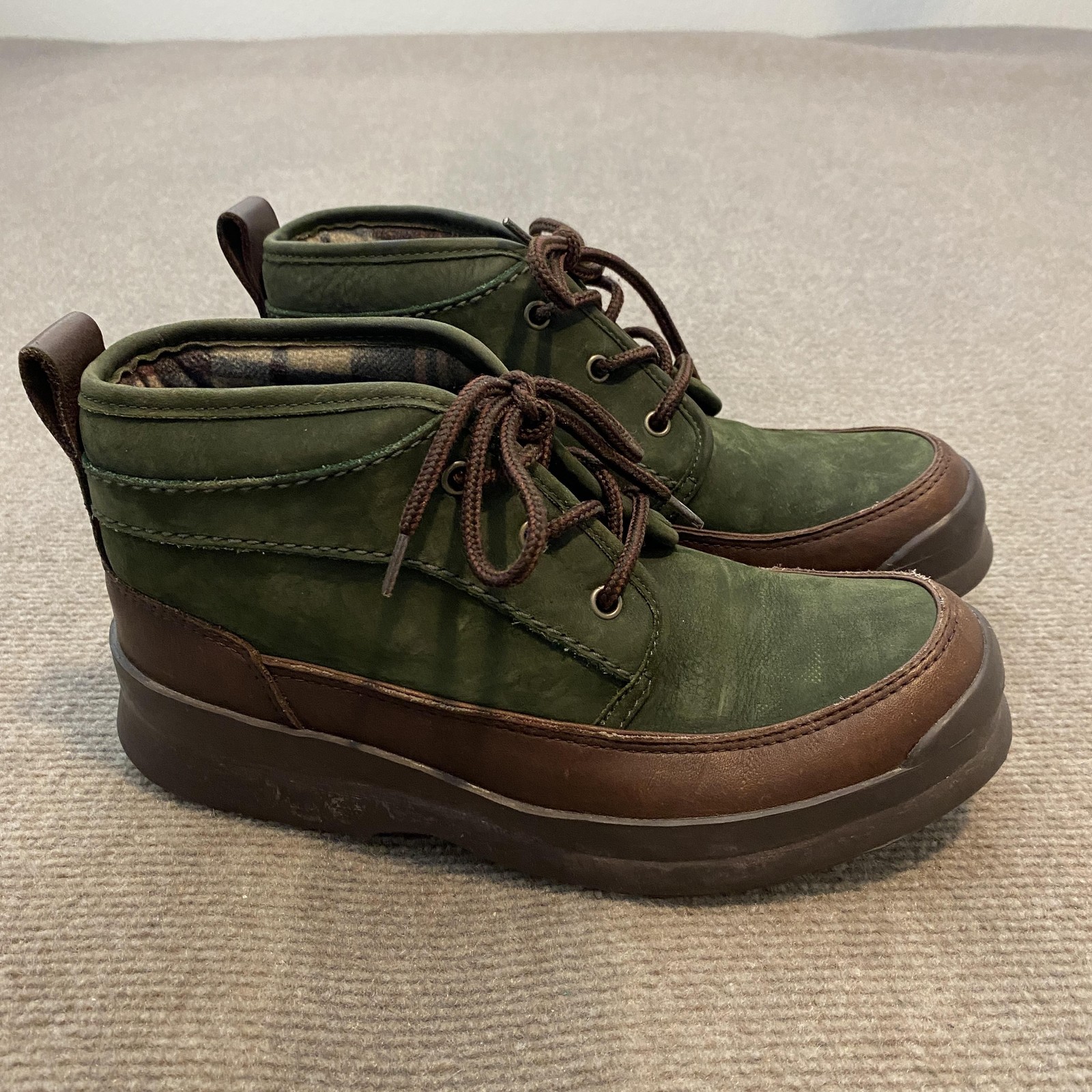 Cole Haan Boots Mens Size 7.5 Green Brown Leather Chukka Plaid Lined Casual