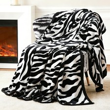 Fuzzy Flannel Throw Blanket for Sofa, Couch, Bed, Black and White Zebra Print...