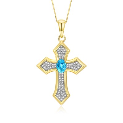 RYLOS BLUE TOPAZ & DIAMOND GEMSTONE CROSS NECKLACE 18'' YELLOW GOLD PLATED SILVER