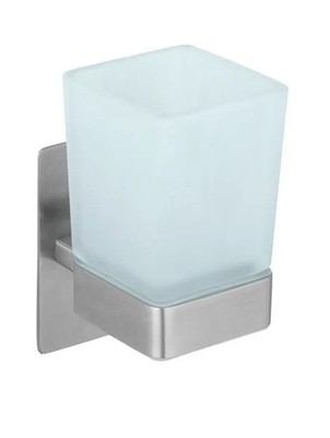 WENKO Zahnputzbecher Genova Matt Edelstahl satiniertes Glas ohne Bohren elegant