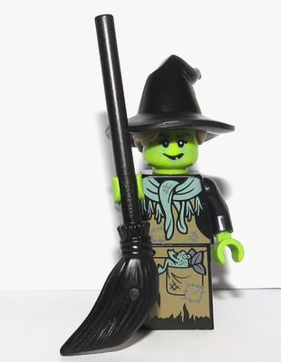Lego Hexe Minifigur grüner Kopf Hände & Besen Halloween
