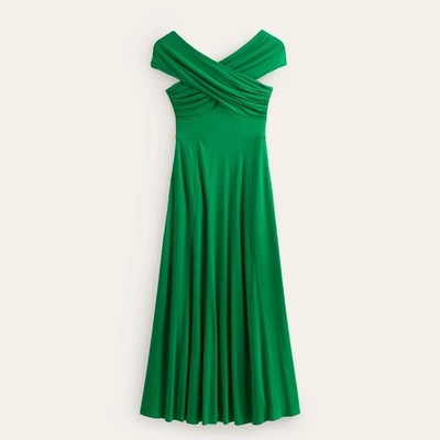 NWT Boden Bardot Jersey Maxi Dress Kelly Green Tambourine Twist Front Size 12P