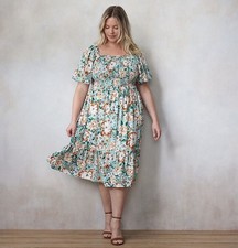 LC Lauren Conrad Balloon Sleeve Smocked Green Floral Midi Dress NWT Size 4X