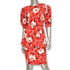 Vintage Red Silk Suit Womens Skirt Set Floral Print Skirt Blouse Peplum Italy