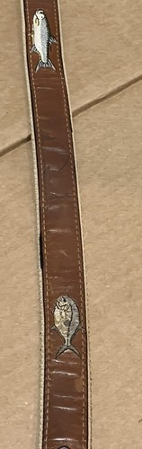 Gr. 34 Leder Canvas Angeln Gürtel Outdoor Messingschnalle bestickt Fisch EUC - Bild 7 von 12