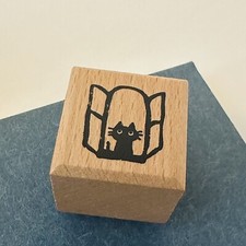 Wooden Staring Out Window Cat rubber Stamp Block Unique Cute Stamp Wait At Home