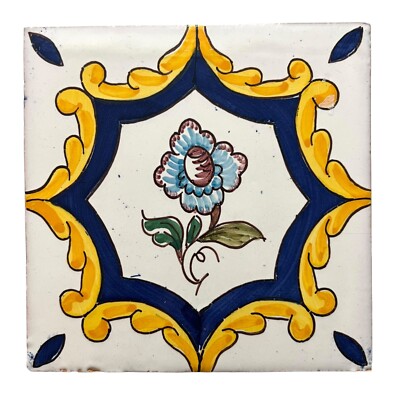 VTG Sant Anna Lisboa Portugal Hand Painted Floral Ceramic Tile Wall Art 5 7/8 in
