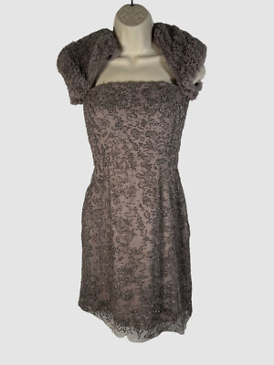 $5645 Alexandra Vidal Women's Gray Silk Beaded Tulle Ruffle Sleeve Dress Size 8
