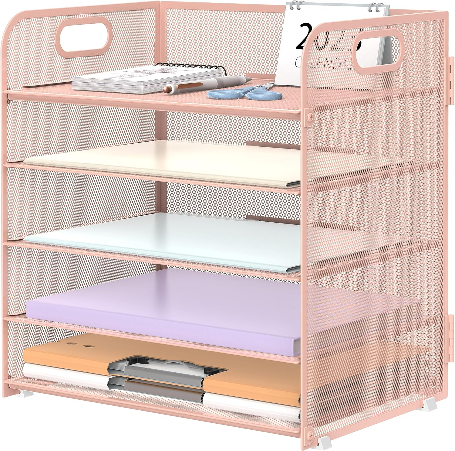 Pink Mesh 5-Tray Paper Organizer with Handle for Desk Files-image