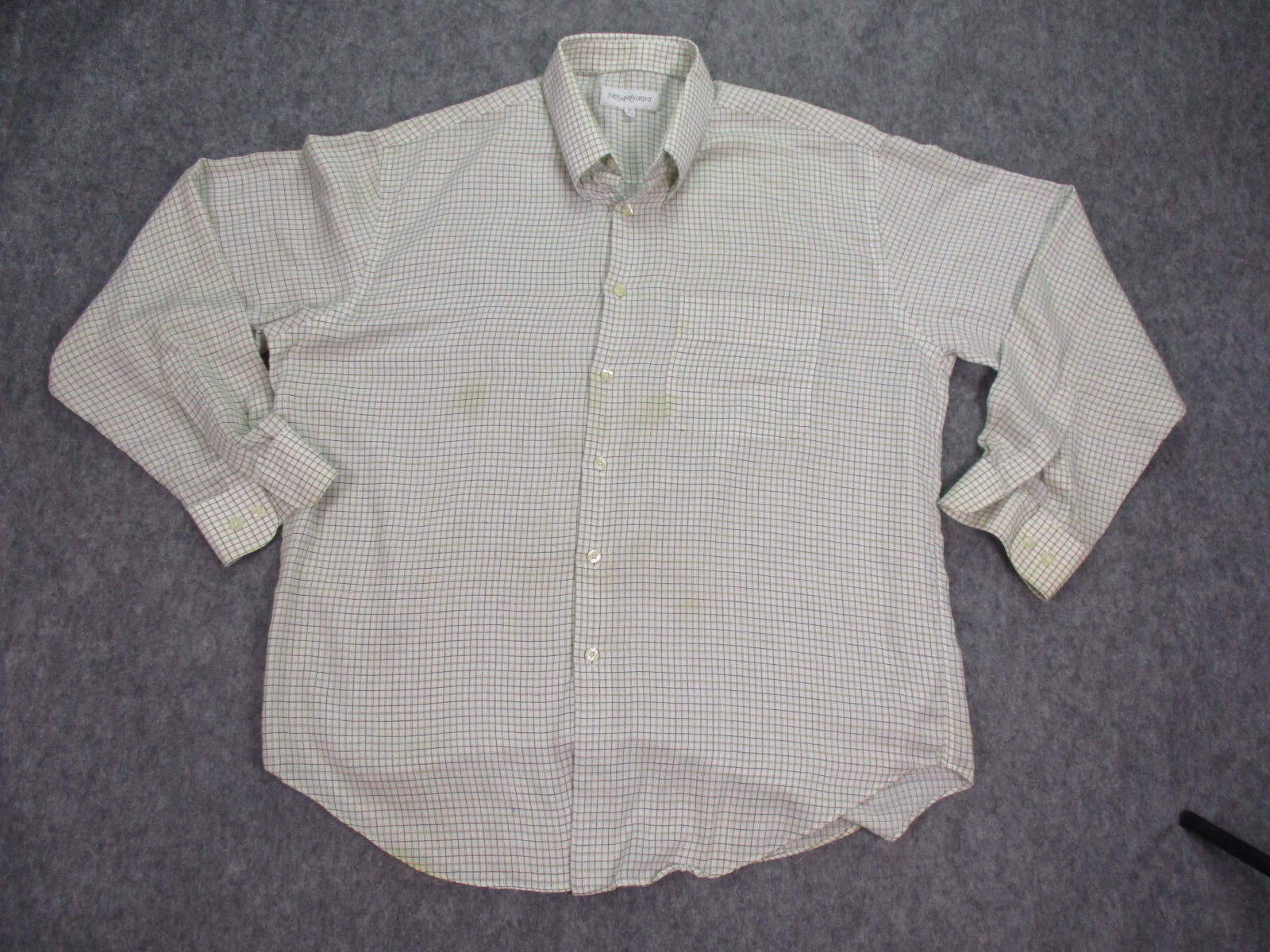 Camicia da uomo Yves Saint Laurent 17 34 35 grande beige giallo a scacchi blu morbida YSL