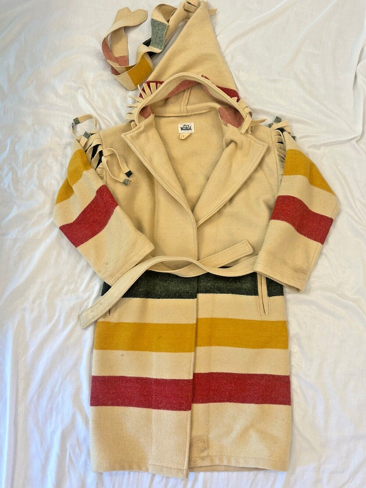 Vintage RARE Woolrich Hudson Bay Stripe Capote Fringe Blanket Coat Pointy Hood M